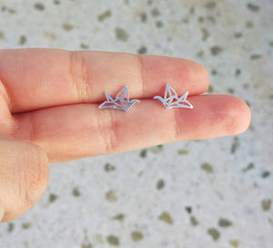 Origami Crane Earrings, Tiny Silver Studs, Japanese Gifts For Her