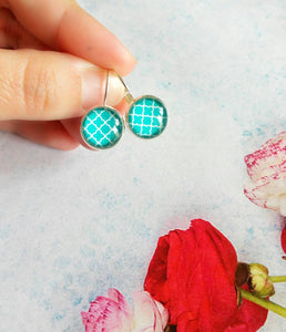 Azulejos Earrings, Talavera Pattern Jewelry, Small Round Earrings