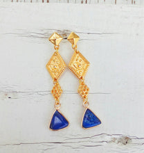 Load image into Gallery viewer, 22k Gold Plated Lapis Earrings, Byzantine Jewelry For Her
