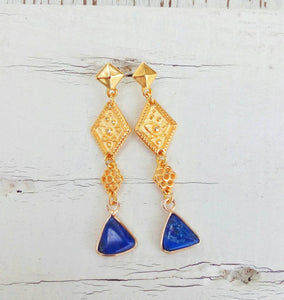 22k Gold Plated Lapis Earrings, Byzantine Jewelry For Her