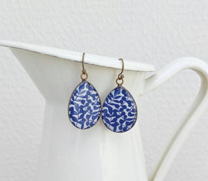 Navy Blue Flower Earrings, Large Teardrop Earrings, Leaf Earrings