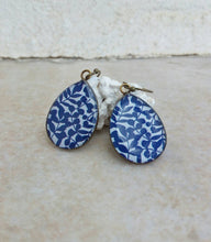Load image into Gallery viewer, Navy Blue Flower Earrings, Large Teardrop Earrings, Leaf Earrings
