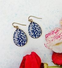 Load image into Gallery viewer, Navy Blue Flower Earrings, Large Teardrop Earrings, Leaf Earrings
