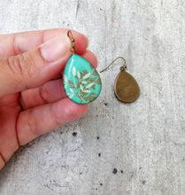 Load image into Gallery viewer, Leaf Dome Earrings, Glass Cabochon Earrings With Leaves, Turquoise Blue Earrings
