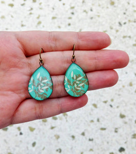 Leaf Dome Earrings, Glass Cabochon Earrings With Leaves, Turquoise Blue Earrings