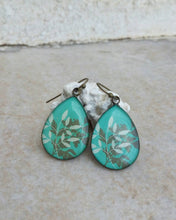 Load image into Gallery viewer, Leaf Dome Earrings, Glass Cabochon Earrings With Leaves, Turquoise Blue Earrings
