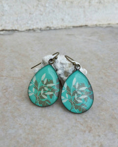 Leaf Dome Earrings, Glass Cabochon Earrings With Leaves, Turquoise Blue Earrings
