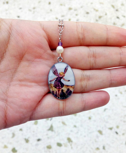 Purple Fairy Necklace,  Vintage Fairy Fantasy Art With Glass Cabochon