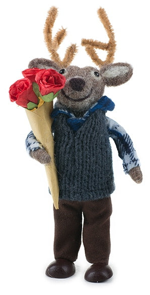 Χειροποίητη Κούκλα Από Φέλτ Ταρανδούλης Με Μπουκέτο Τριαντάφυλλα